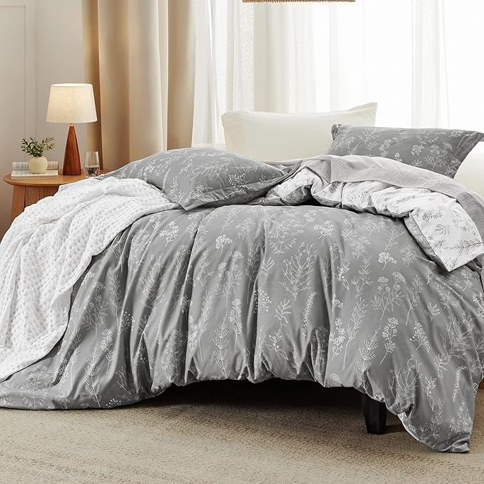 Queen Comforter Set - Grey Bed Set, 3 Pieces Cute Floral Bedding, 1 Soft Reversible Botanical Flowers Comforter and 2 Pillow Shams - Image 2