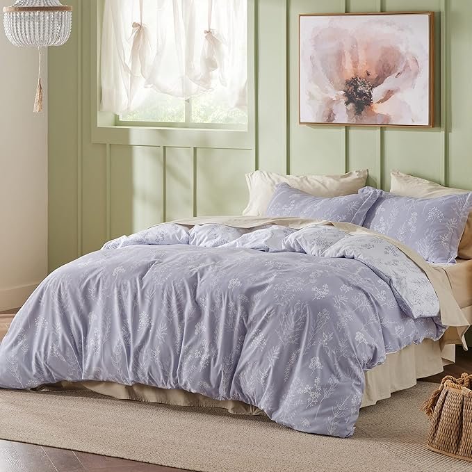 Queen Comforter Set - Lavender Bed Set, 3 Pieces Cute Floral Bedding, 1 Soft Reversible Botanical Flowers Comforter and 2 Pillow Shams - Image 2