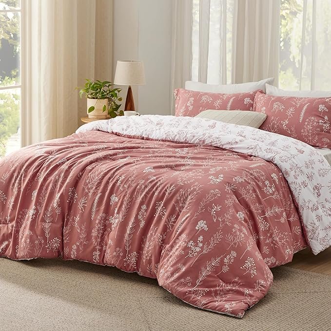 Queen Comforter Set - Grayish Pink Bed Set, 3 Pieces Cute Floral Bedding, 1 Soft Reversible Botanical Flowers Comforter and 2 Pillow Shams - Image 2