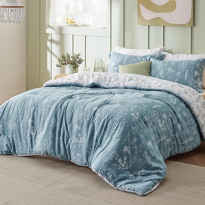 Queen Comforter Set - Mineral Blue Bed Set, 3 Pieces Cute Floral Bedding, 1 Soft Reversible Botanical Flowers Comforter and 2 Pillow Shams - Image 2