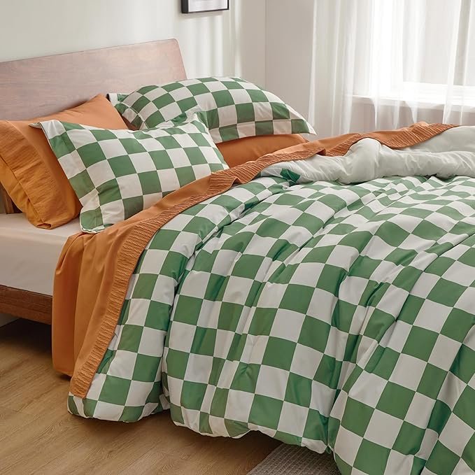 Comforter Set Queen Size - Checkered Bedding Comforter Set for Boys, 3 Pieces, 1 Soft Green Comforter and 2 Pillow Shams - Image 3