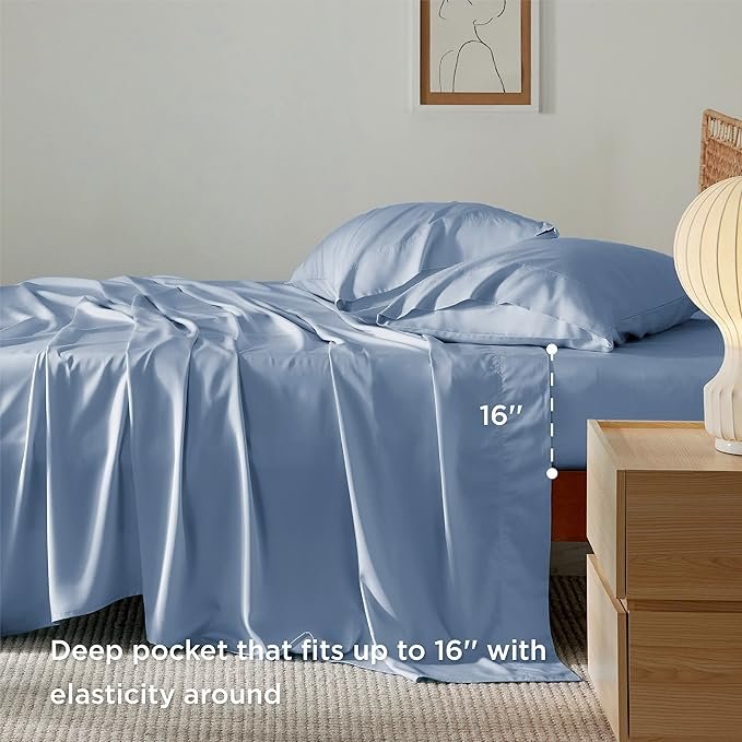 King Size Sheets Set, Cooling Sheets for Hot Sleepers, Rayon Derived from Bamboo, Breathable & Soft, Deep Pocket Up to 16 Inches, Hotel Luxury Silky Bedding, Mineral Blue - Image 3