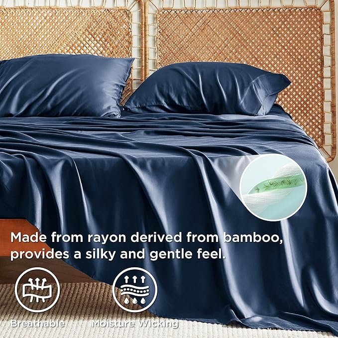King Size Sheets Set, Cooling Sheets for Hot Sleepers, Rayon Derived from Bamboo, Breathable & Soft, Deep Pocket Up to 16 Inches, Hotel Luxury Silky Bedding, Navy - Image 3