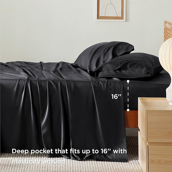 King Size Sheet Set, Cooling Sheets King, Rayon Derived from Bamboo, Deep Pocket Up to 16", Breathable & Soft Bed Sheets, Hotel Luxury Silky Bedding Sheets & Pillowcases, Black - Image 3