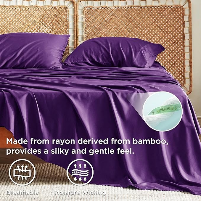 King Size Sheets Set, Cooling Sheets for Hot Sleepers, Rayon Derived from Bamboo, Breathable & Soft, Deep Pocket Up to 16 Inches, Hotel Luxury Silky Bedding, Plum - Image 3