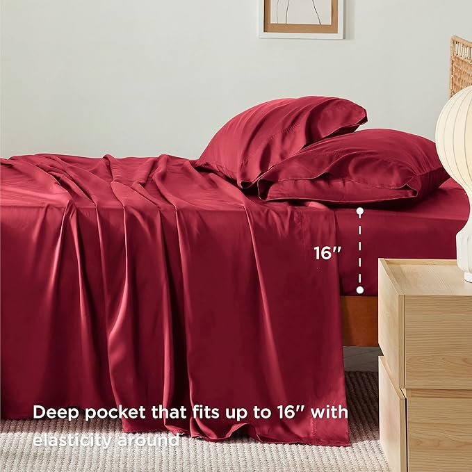 King Size Sheets Set, Cooling Sheets for Hot Sleepers, Rayon Derived from Bamboo, Breathable & Soft, Deep Pocket Up to 16 Inches, Hotel Luxury Silky Bedding, Burgundy - Image 3