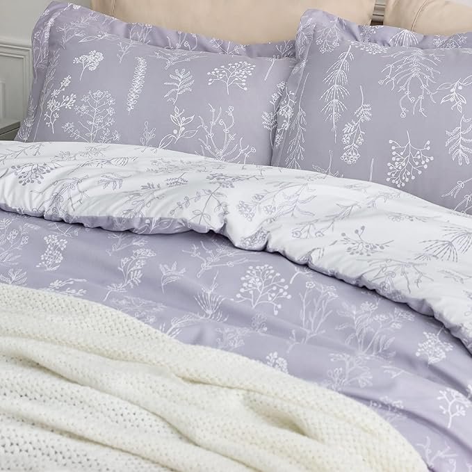 Queen Comforter Set - Lavender Bed Set, 3 Pieces Cute Floral Bedding, 1 Soft Reversible Botanical Flowers Comforter and 2 Pillow Shams - Image 3