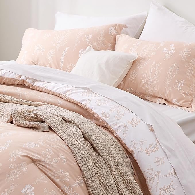 Queen Comforter Set - Dusty Rose Bed Set, 3 Pieces Cute Floral Bedding, 1 Soft Reversible Botanical Flowers Comforter and 2 Pillow Shams - Image 3