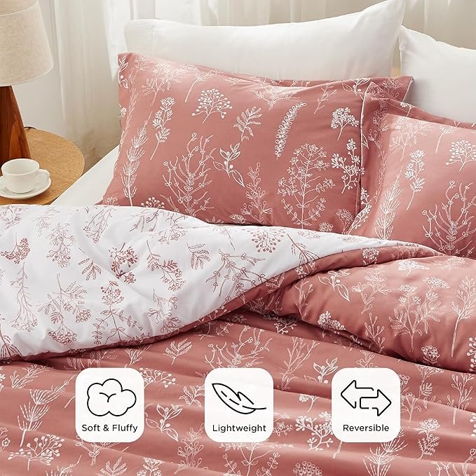 Queen Comforter Set - Grayish Pink Bed Set, 3 Pieces Cute Floral Bedding, 1 Soft Reversible Botanical Flowers Comforter and 2 Pillow Shams - Image 3