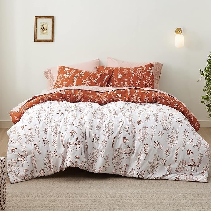 Queen Comforter Set - Terracotta Bed Set, 3 Pieces Cute Floral Bedding, 1 Soft Reversible Botanical Flowers Comforter and 2 Pillow Shams - Image 3