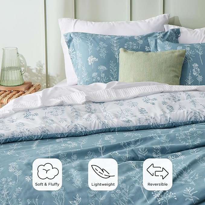 Queen Comforter Set - Mineral Blue Bed Set, 3 Pieces Cute Floral Bedding, 1 Soft Reversible Botanical Flowers Comforter and 2 Pillow Shams - Image 3