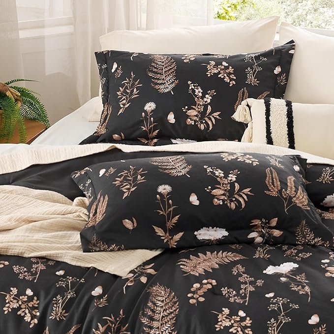 Comforter Set Queen Size - Floral Bedding Comforter Set, 3 Pieces, 1 Soft Black Comforter and 2 Pillow Shams - Image 3