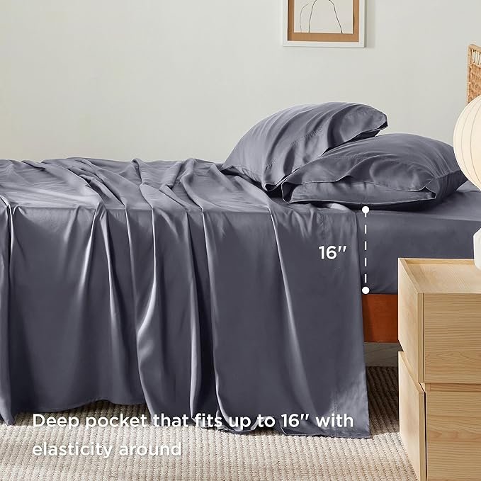 King Size Sheets Set, Cooling Sheets for Hot Sleepers, Rayon Derived from Bamboo, Breathable & Soft, Deep Pocket Up to 16 Inches, Hotel Luxury Silky Bedding, Dark Grey - Image 4
