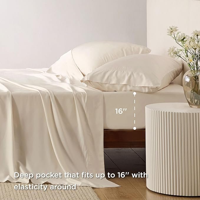 King Size Sheets Set, Cooling Sheets for Hot Sleepers, Rayon Derived from Bamboo, Breathable & Soft, Deep Pocket Up to 16 Inches, Hotel Luxury Silky Bedding, Light Beige - Image 4