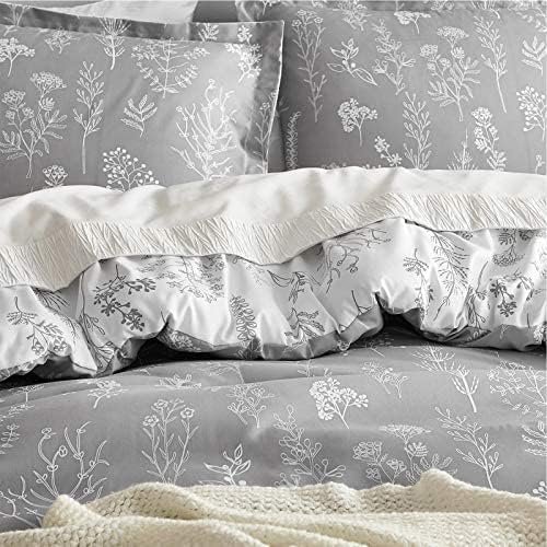 Queen Comforter Set - Grey Bed Set, 3 Pieces Cute Floral Bedding, 1 Soft Reversible Botanical Flowers Comforter and 2 Pillow Shams - Image 4
