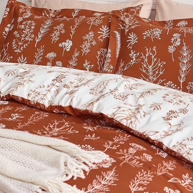 Queen Comforter Set - Terracotta Bed Set, 3 Pieces Cute Floral Bedding, 1 Soft Reversible Botanical Flowers Comforter and 2 Pillow Shams - Image 4