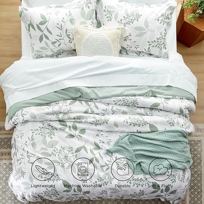Comforter Set Queen Size - Cute Floral Bedding Comforter Set, 3 Pieces, 1 Soft Reversible Sage Green Botanical Flowers Comforter and 2 Pillow Shams - Image 4