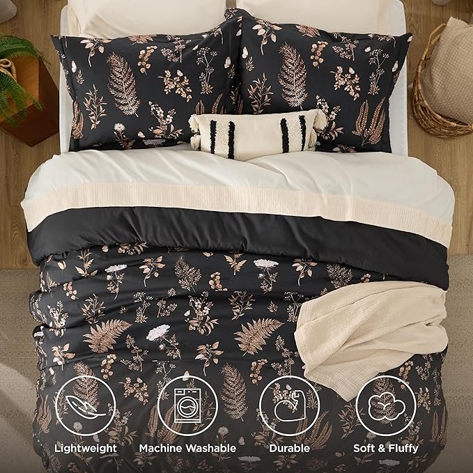 Comforter Set Queen Size - Floral Bedding Comforter Set, 3 Pieces, 1 Soft Black Comforter and 2 Pillow Shams - Image 4