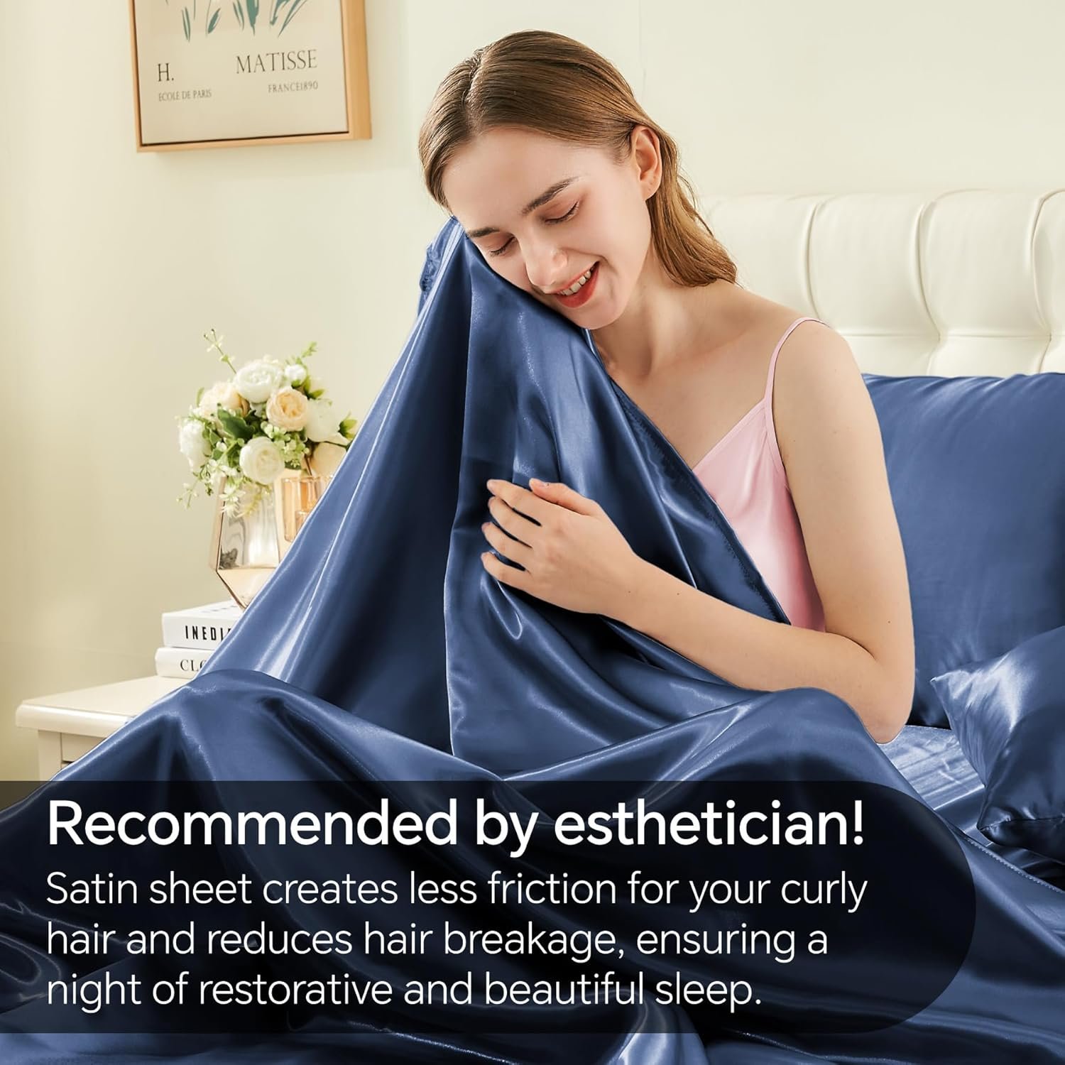 Satin Sheets Queen Size Bed Set, Luxury Soft Navy Silky Sheets for Hair and Skin, Similar to Silk Bed Sheets Set 4 Pieces (1 Deep Pocket Fitted Sheet, 1 Flat Sheet, and 2 Pillowcases) - Image 4