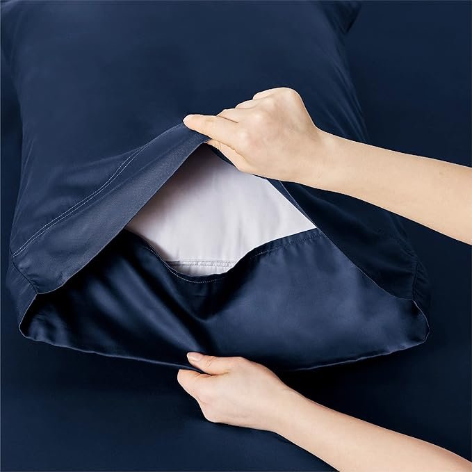 King Size Sheets Set, Cooling Sheets for Hot Sleepers, Rayon Derived from Bamboo, Breathable & Soft, Deep Pocket Up to 16 Inches, Hotel Luxury Silky Bedding, Navy - Image 5