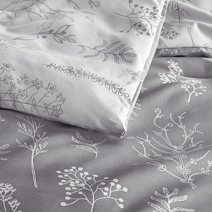 Queen Comforter Set - Grey Bed Set, 3 Pieces Cute Floral Bedding, 1 Soft Reversible Botanical Flowers Comforter and 2 Pillow Shams - Image 5