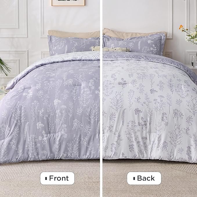 Queen Comforter Set - Lavender Bed Set, 3 Pieces Cute Floral Bedding, 1 Soft Reversible Botanical Flowers Comforter and 2 Pillow Shams - Image 5