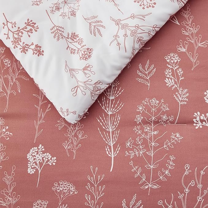 Queen Comforter Set - Grayish Pink Bed Set, 3 Pieces Cute Floral Bedding, 1 Soft Reversible Botanical Flowers Comforter and 2 Pillow Shams - Image 5