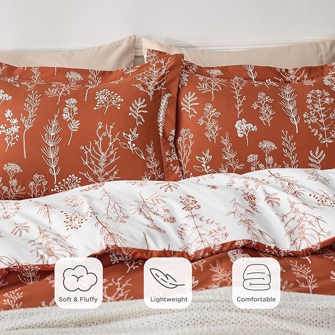 Queen Comforter Set - Terracotta Bed Set, 3 Pieces Cute Floral Bedding, 1 Soft Reversible Botanical Flowers Comforter and 2 Pillow Shams - Image 5