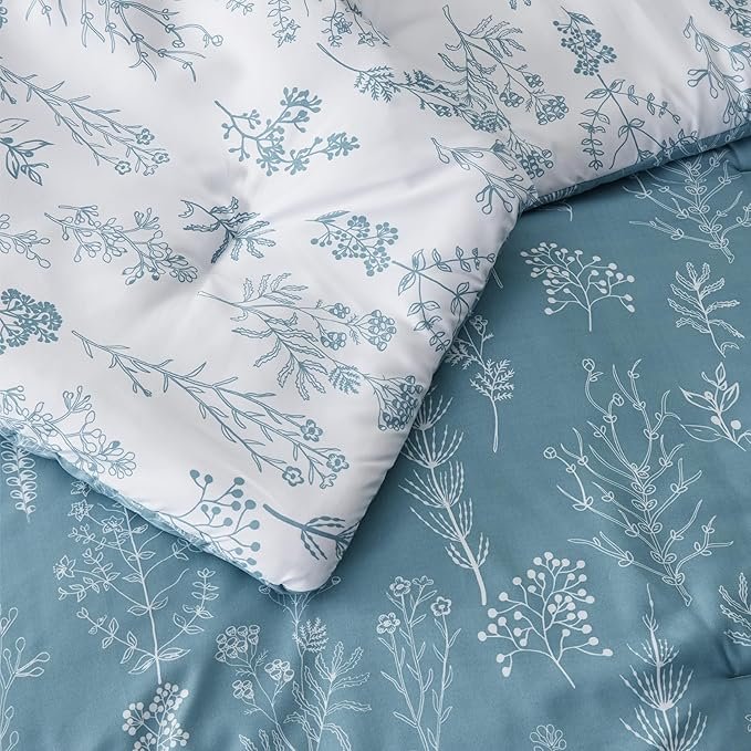 Queen Comforter Set - Mineral Blue Bed Set, 3 Pieces Cute Floral Bedding, 1 Soft Reversible Botanical Flowers Comforter and 2 Pillow Shams - Image 5