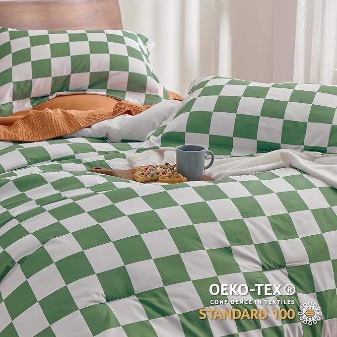 Comforter Set Queen Size - Checkered Bedding Comforter Set for Boys, 3 Pieces, 1 Soft Green Comforter and 2 Pillow Shams - Image 5
