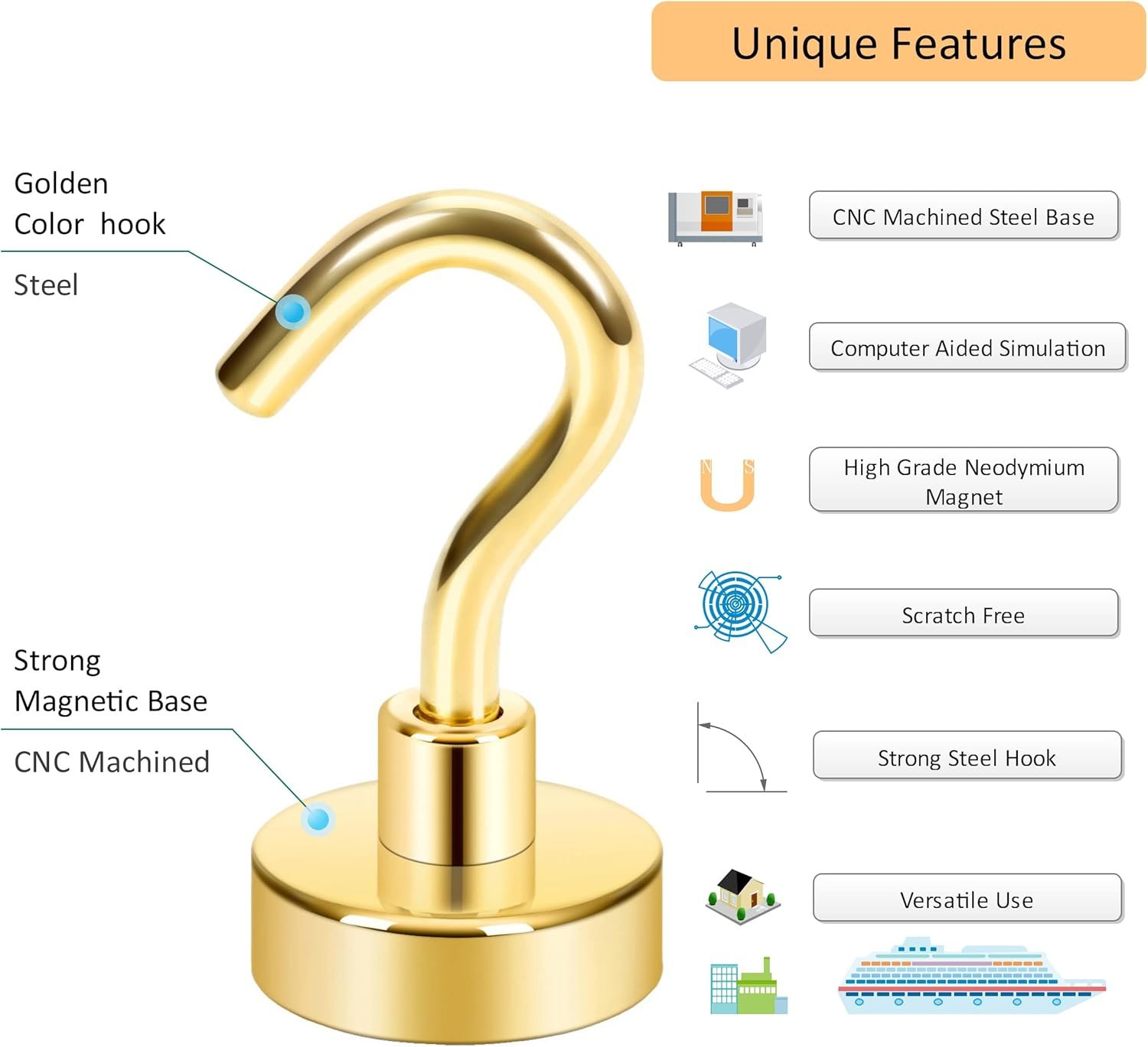 Neosmuk Magnetic Hooks, 30lb+ Heavy Duty Earth Magnets with Hook for Refrigerator, Extra Strong Cruise Hook for Hanging, Magnetic Hanger for Cabins, Grill (Golden, Pack of 6) Visit the Neosmuk Store - Image 6