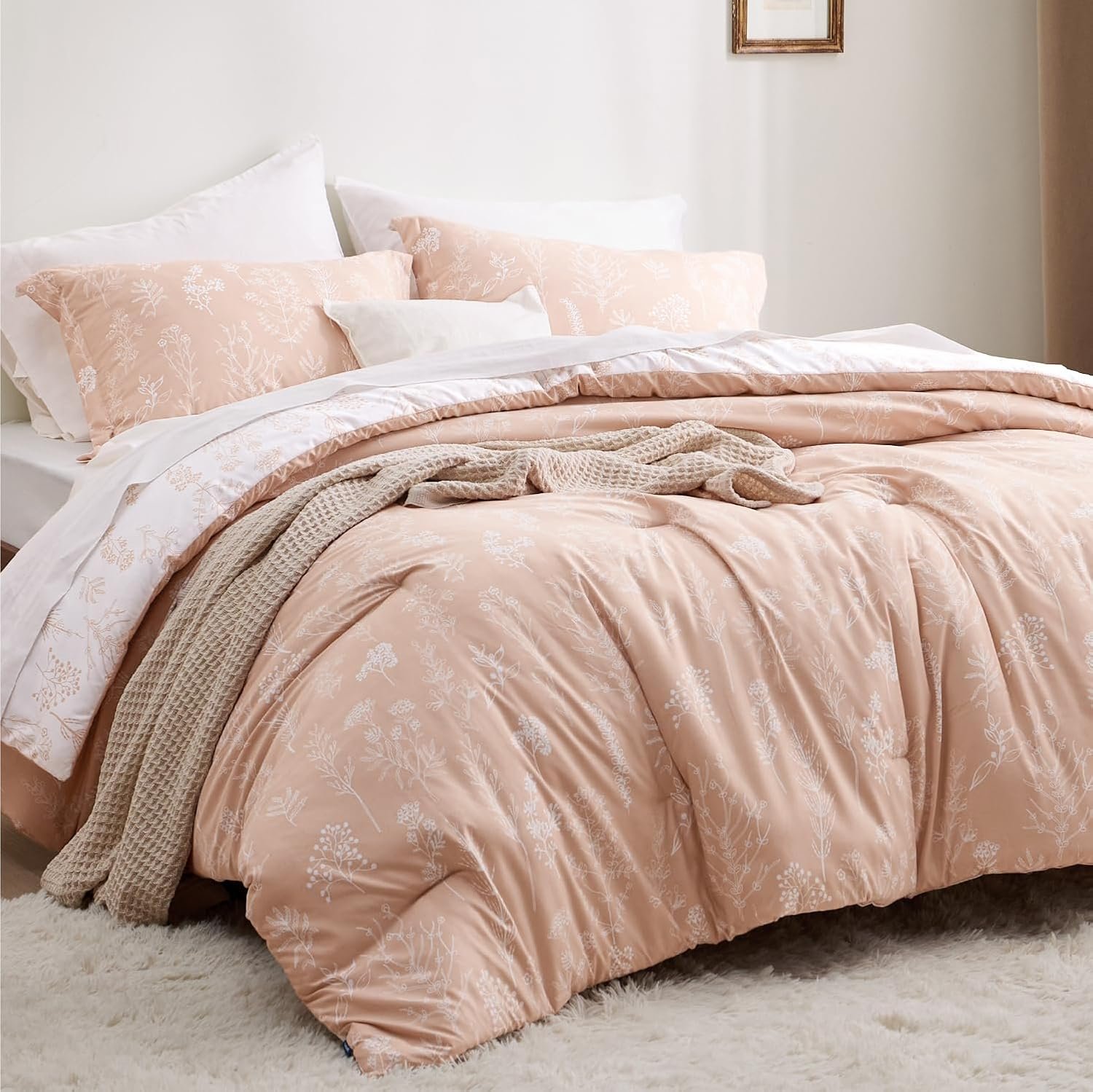 Queen Comforter Set - Dusty Rose Bed Set, 3 Pieces Cute Floral Bedding, 1 Soft Reversible Botanical Flowers Comforter and 2 Pillow Shams - Image 6