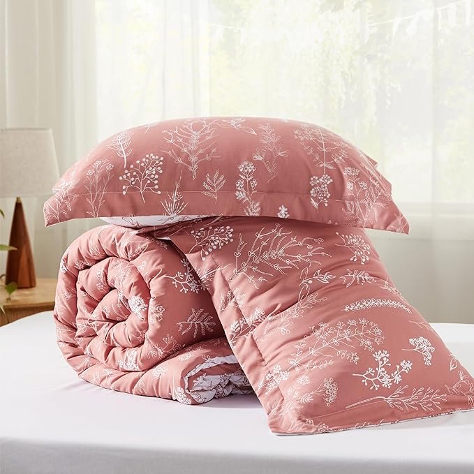 Queen Comforter Set - Grayish Pink Bed Set, 3 Pieces Cute Floral Bedding, 1 Soft Reversible Botanical Flowers Comforter and 2 Pillow Shams - Image 6