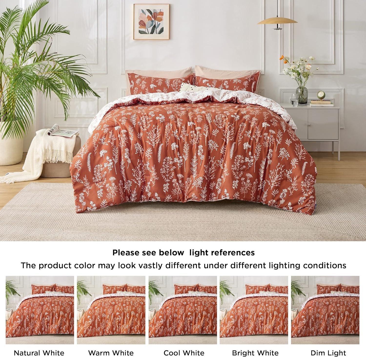 Queen Comforter Set - Terracotta Bed Set, 3 Pieces Cute Floral Bedding, 1 Soft Reversible Botanical Flowers Comforter and 2 Pillow Shams - Image 6