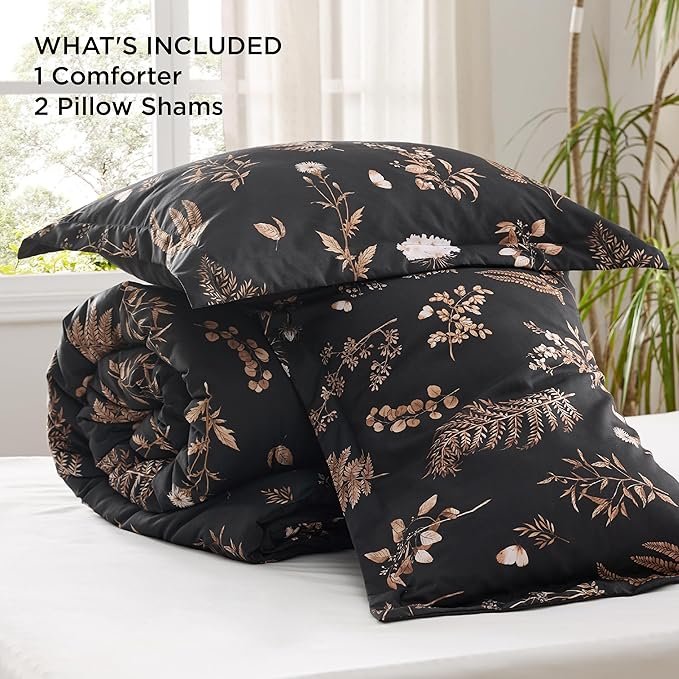 Comforter Set Queen Size - Floral Bedding Comforter Set, 3 Pieces, 1 Soft Black Comforter and 2 Pillow Shams - Image 6