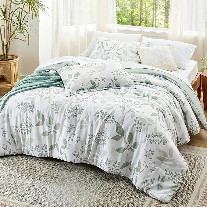 Comforter Set Queen Size - Cute Floral Bedding Comforter Set, 3 Pieces, 1 Soft Reversible Sage Green Botanical Flowers Comforter and 2 Pillow Shams - Image 7