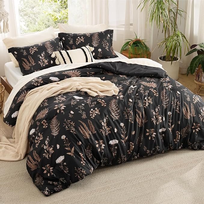 Comforter Set Queen Size - Floral Bedding Comforter Set, 3 Pieces, 1 Soft Black Comforter and 2 Pillow Shams - Image 7