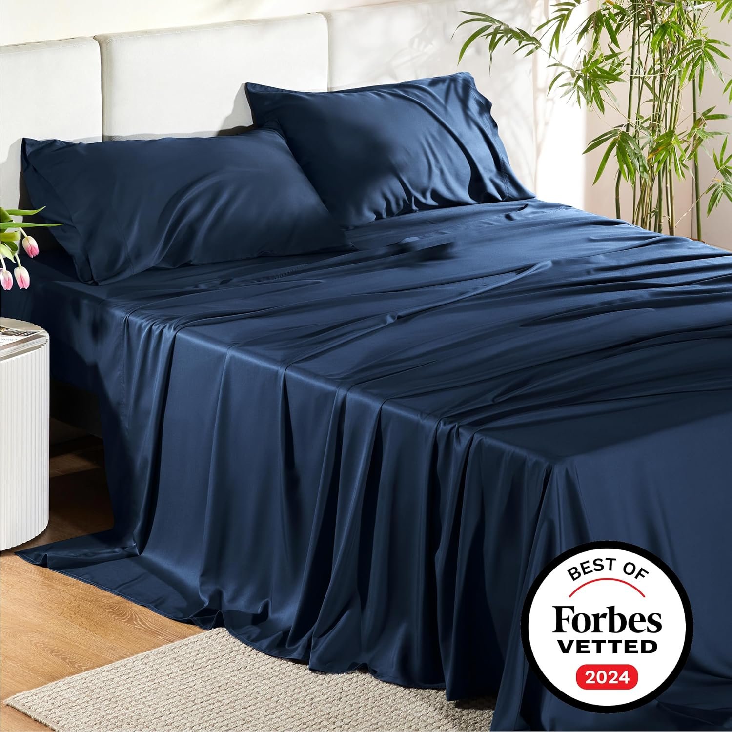 King Size Sheets Set, Cooling Sheets for Hot Sleepers, Rayon Derived from Bamboo, Breathable & Soft, Deep Pocket Up to 16 Inches, Hotel Luxury Silky Bedding, Navy - Image 7