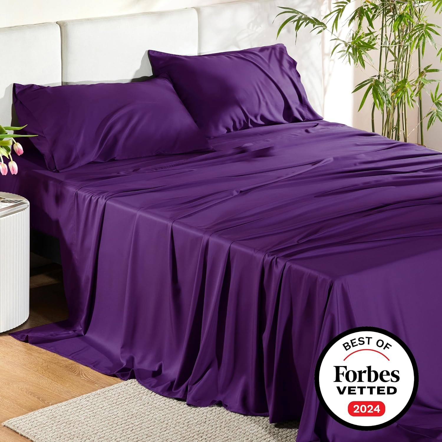 King Size Sheets Set, Cooling Sheets for Hot Sleepers, Rayon Derived from Bamboo, Breathable & Soft, Deep Pocket Up to 16 Inches, Hotel Luxury Silky Bedding, Plum - Image 7